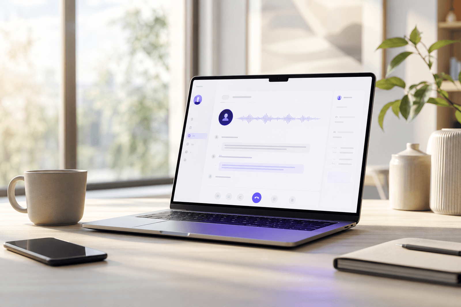 Swiftcierge live call console on a laptop in a bright modern workspace